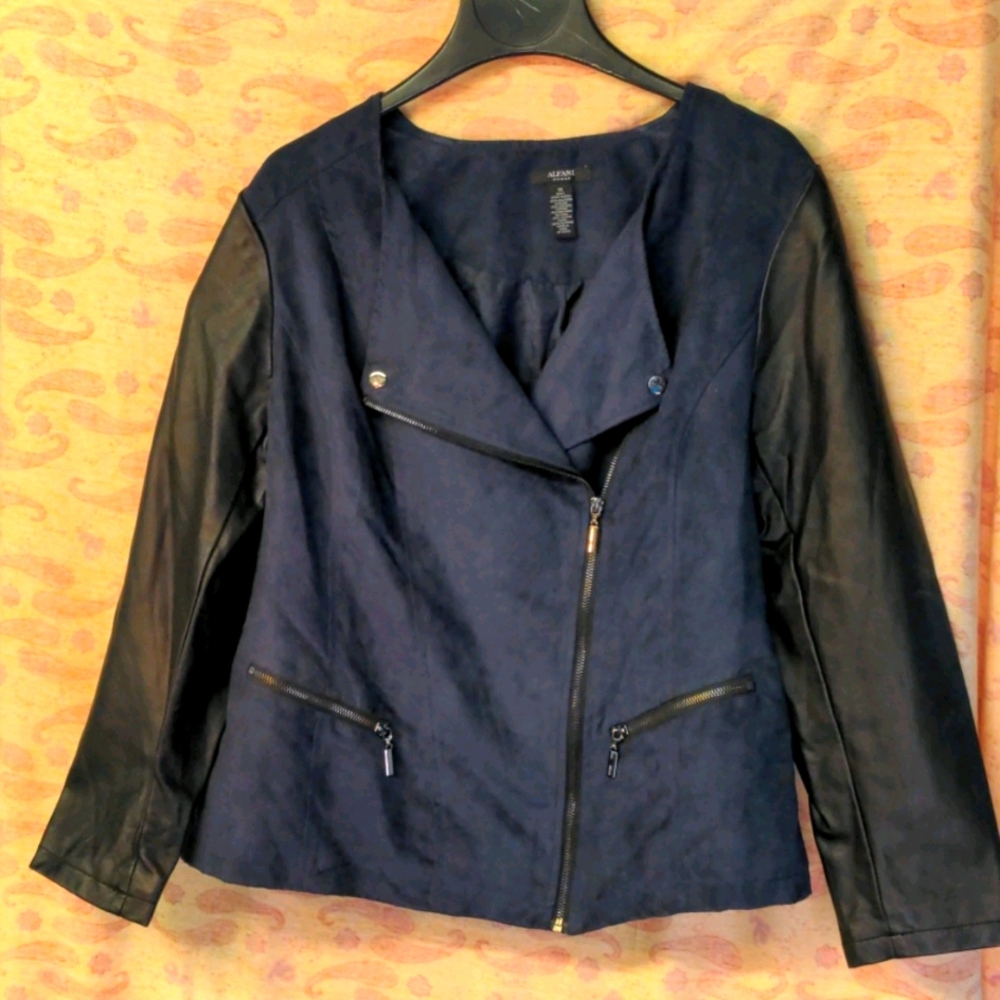 Blue faux suede with black faux leather sleeves